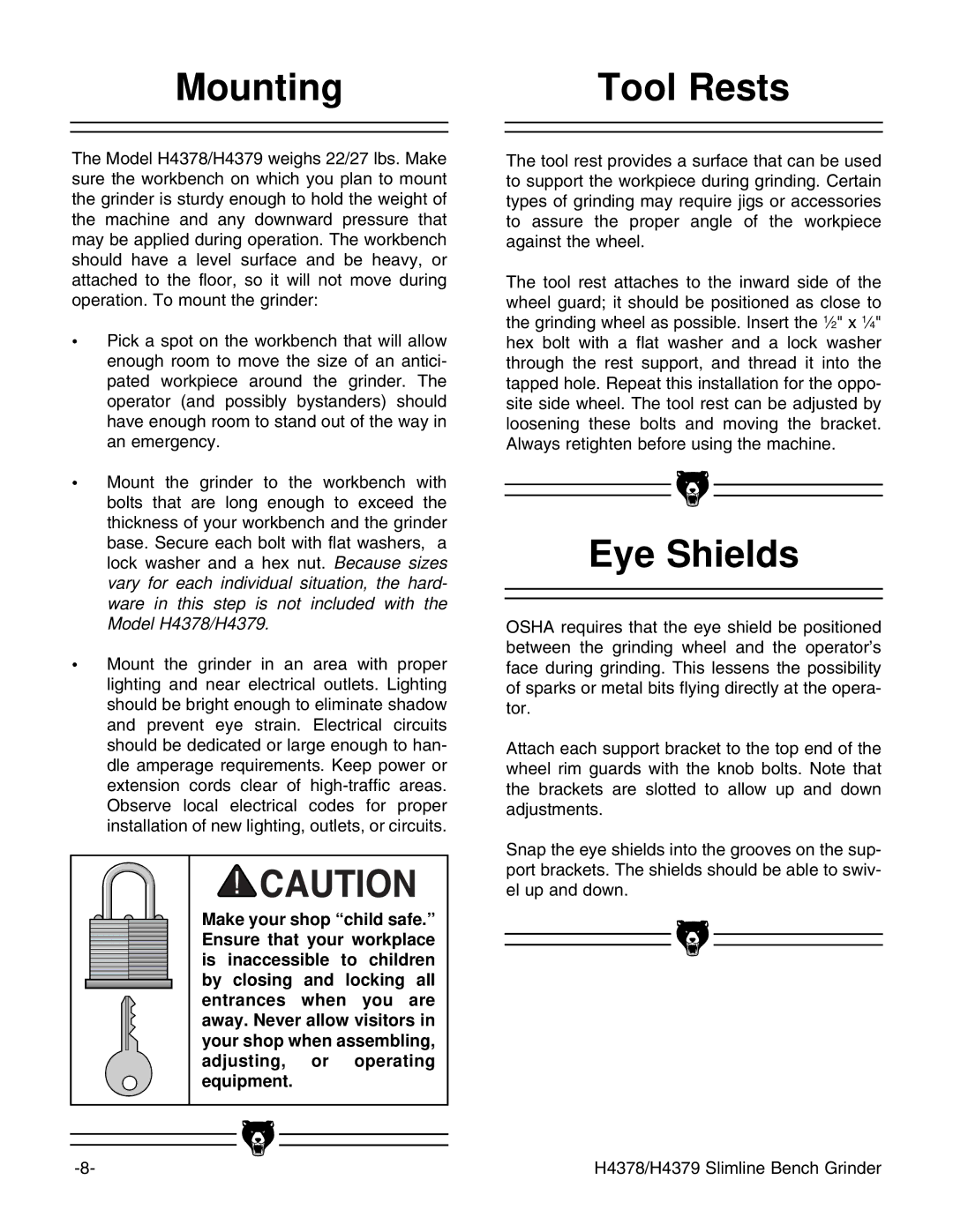 Grizzly H437 instruction manual Mounting Tool Rests, Eye Shields 