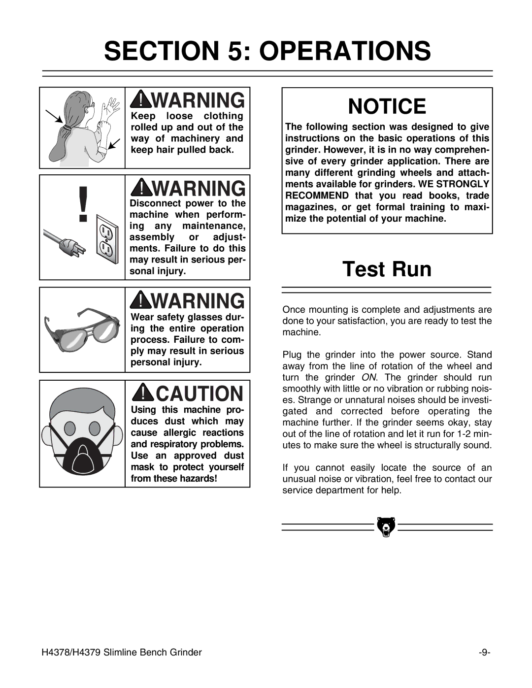 Grizzly H437 instruction manual Operations, Test Run 