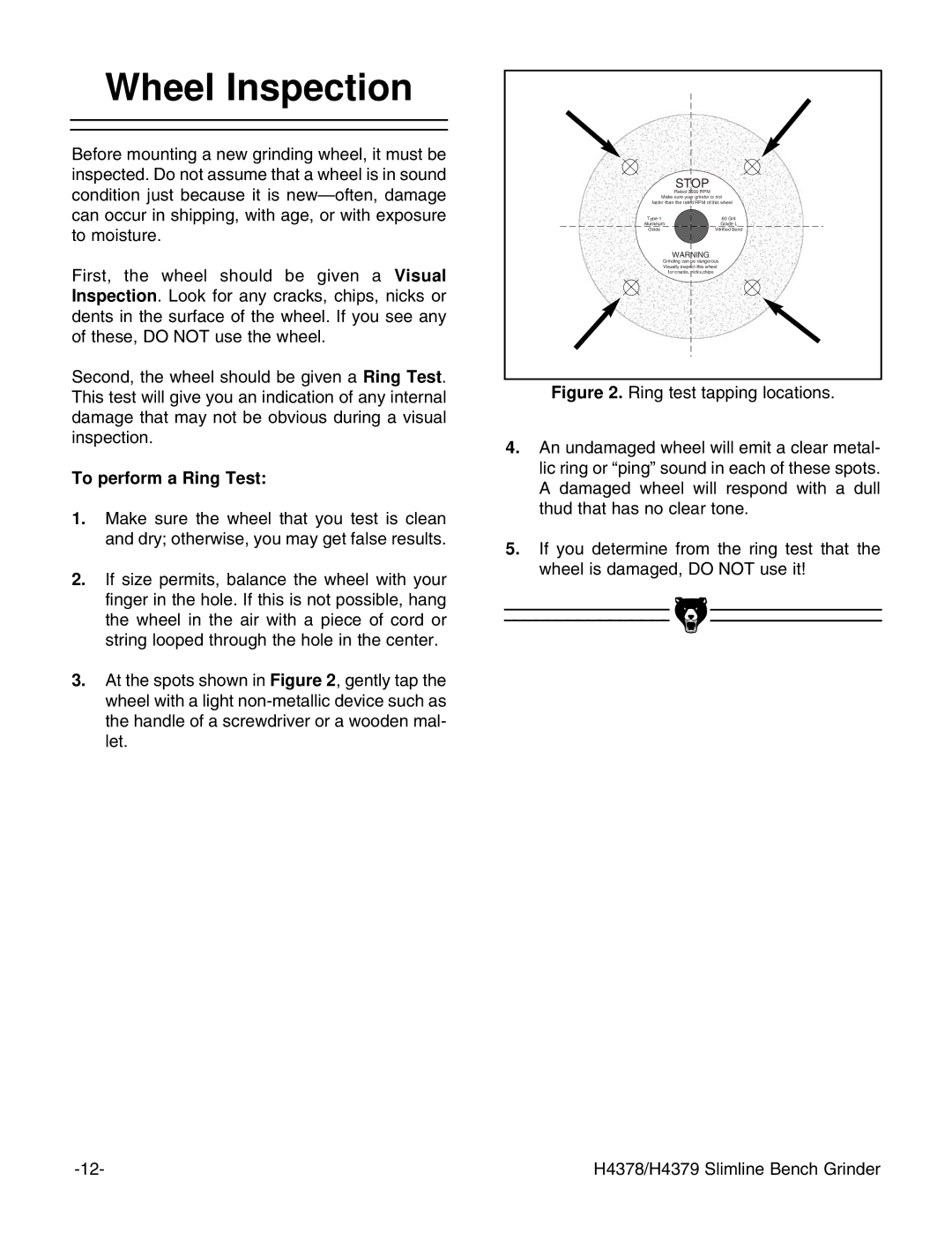 Grizzly H437 instruction manual Wheel Inspection, To perform a Ring Test 