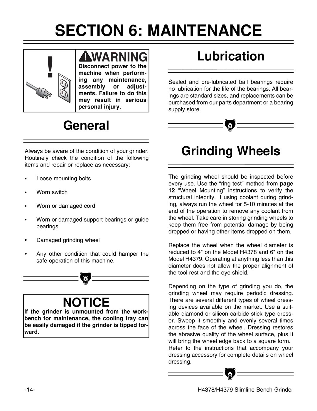 Grizzly H437 instruction manual Maintenance, General, Lubrication, Grinding Wheels 