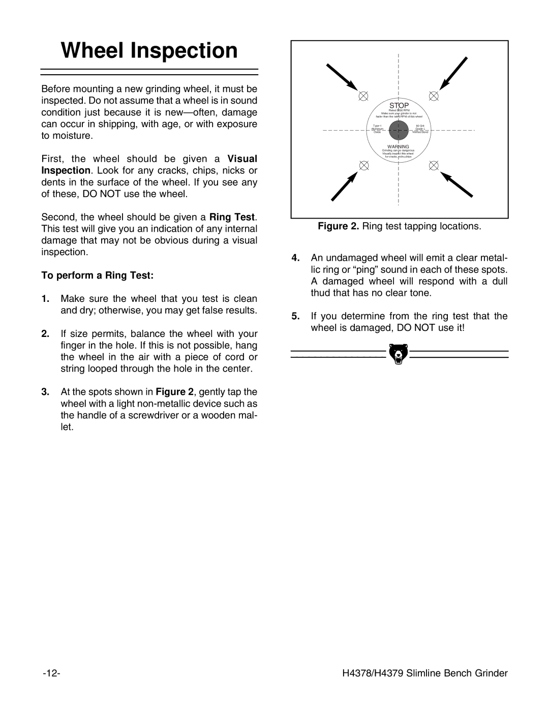 Grizzly H4378, H4379 instruction manual Wheel Inspection, To perform a Ring Test 