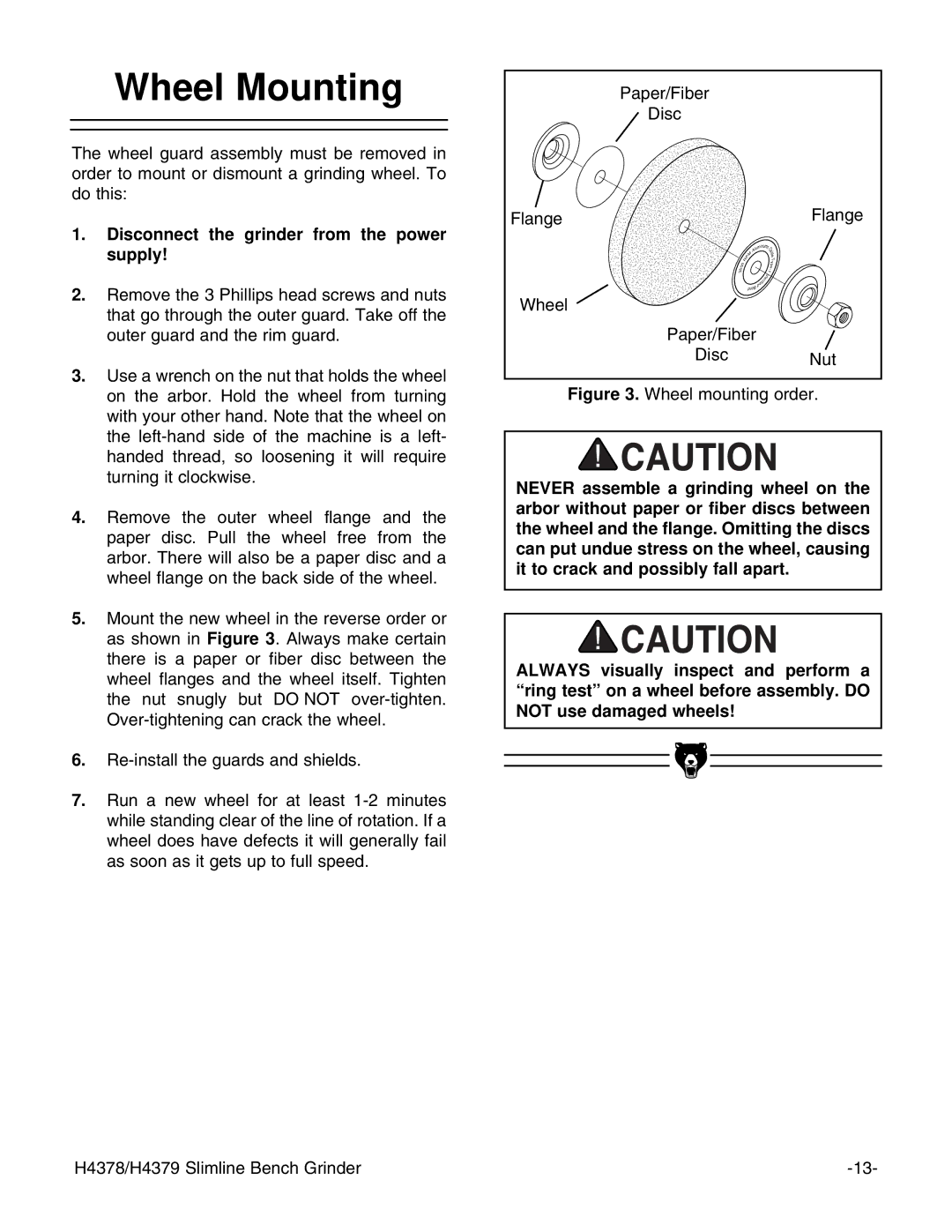 Grizzly H4379, H4378 instruction manual Wheel Mounting, Disconnect the grinder from the power supply 