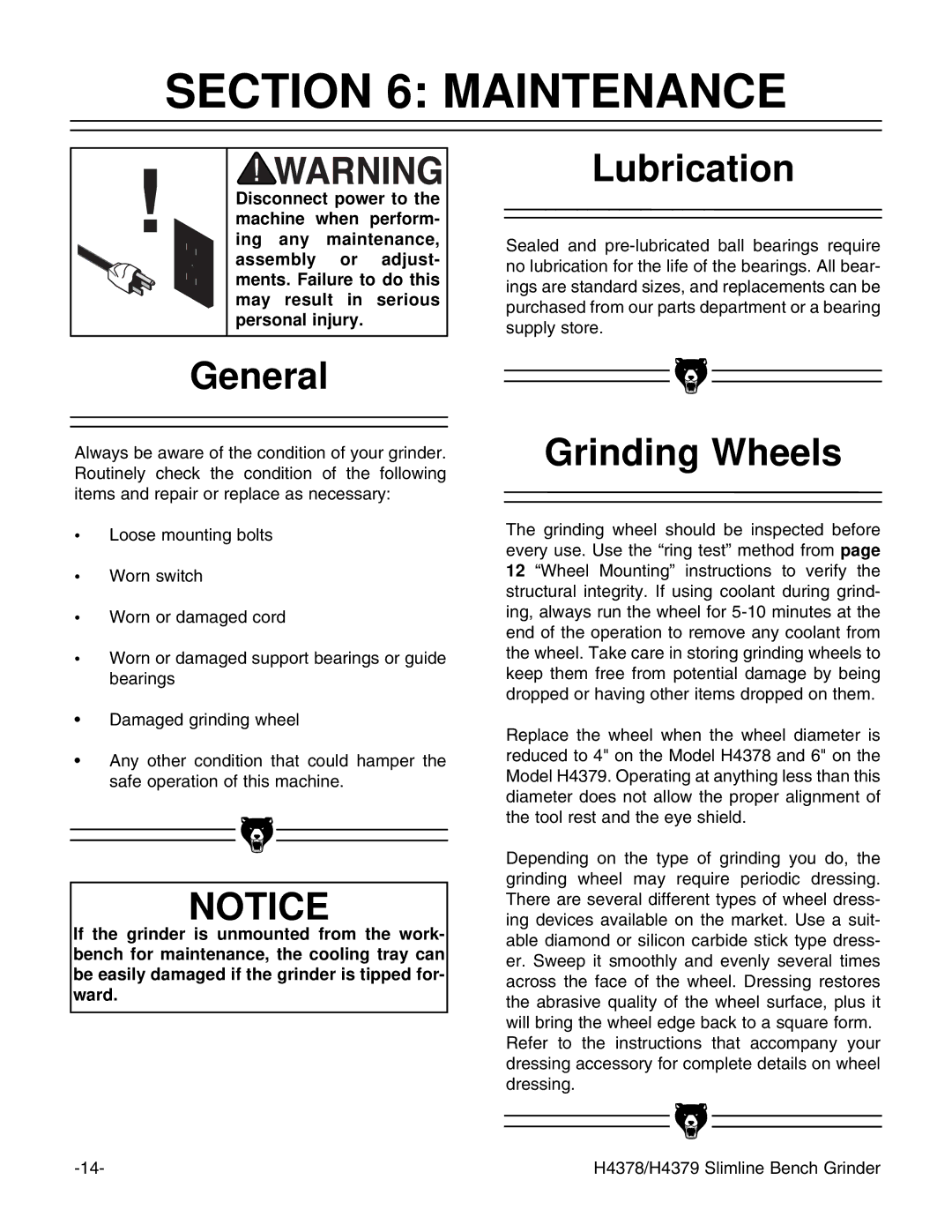 Grizzly H4378, H4379 instruction manual Maintenance, General, Lubrication, Grinding Wheels 