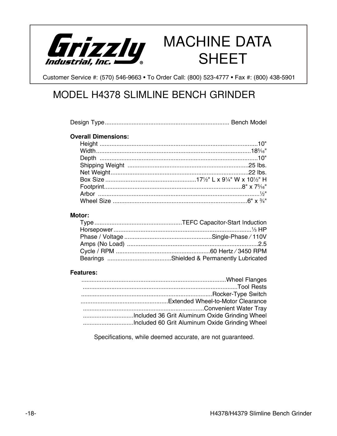 Grizzly H4378, H4379 instruction manual Overall Dimensions, Motor, Features 