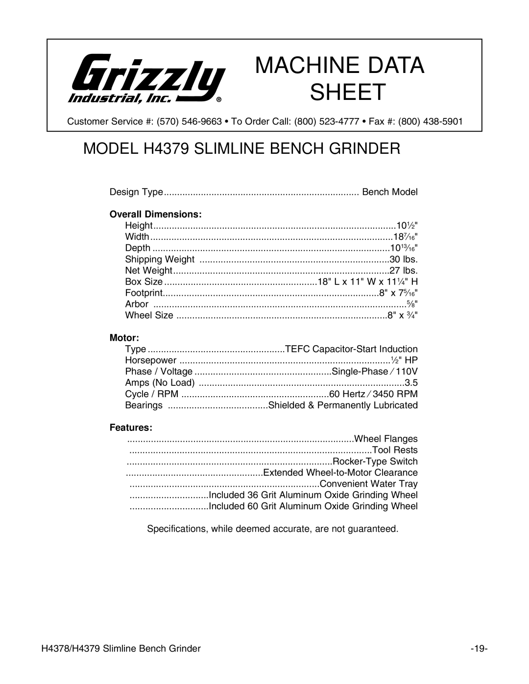 Grizzly H4378 instruction manual Model H4379 Slimline Bench Grinder 