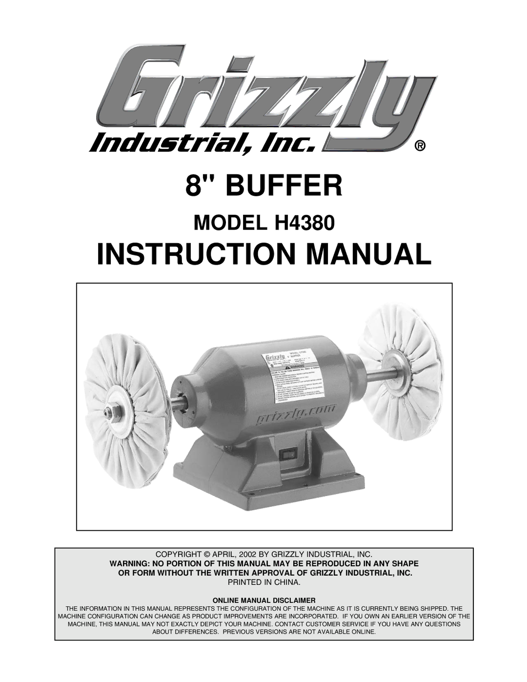 Grizzly H4380 instruction manual Buffer 