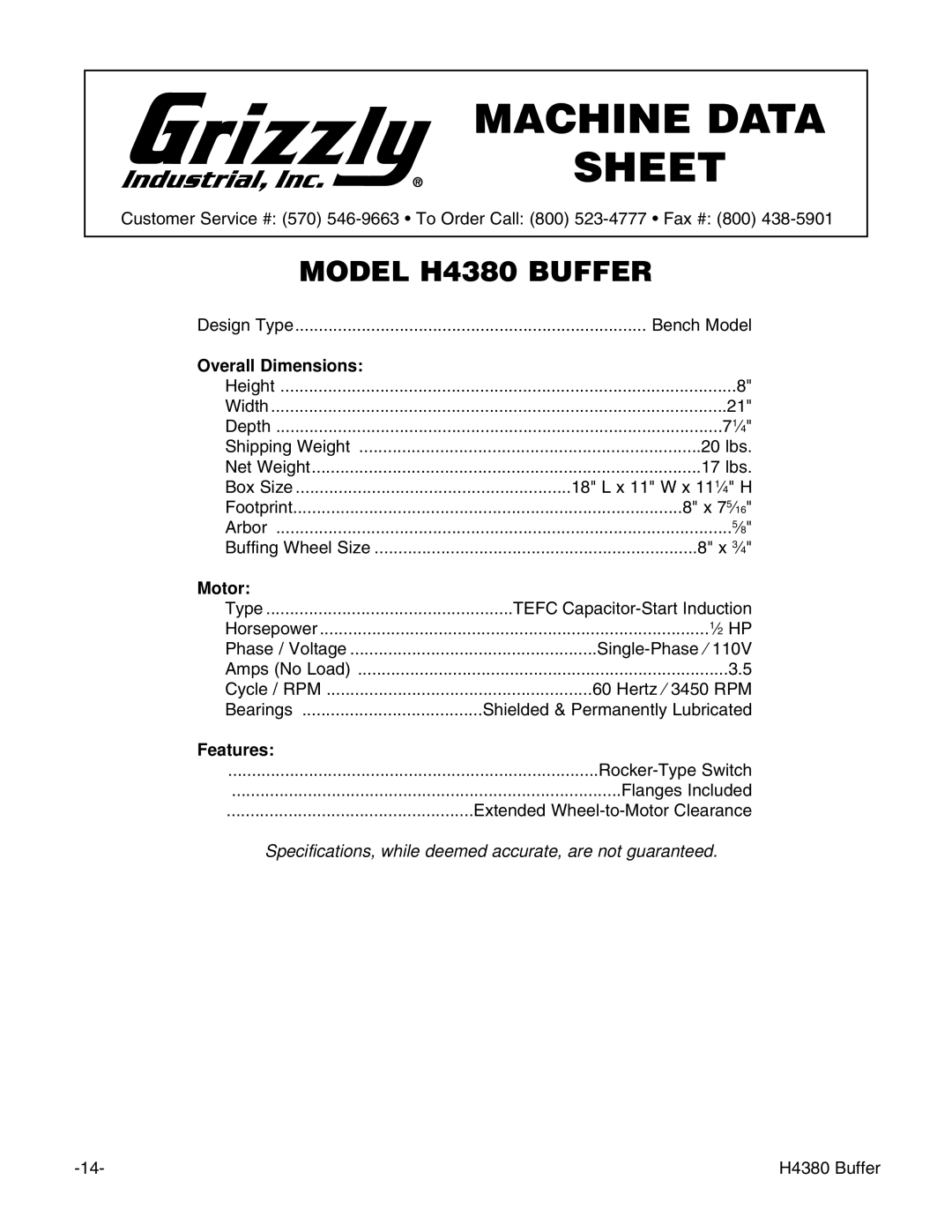 Grizzly H4380 instruction manual Machine Data Sheet 