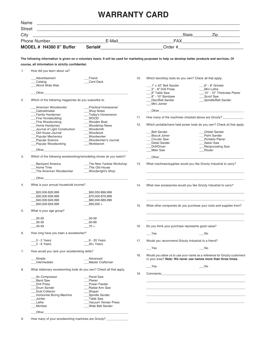 Grizzly H4380 instruction manual Warranty Card 