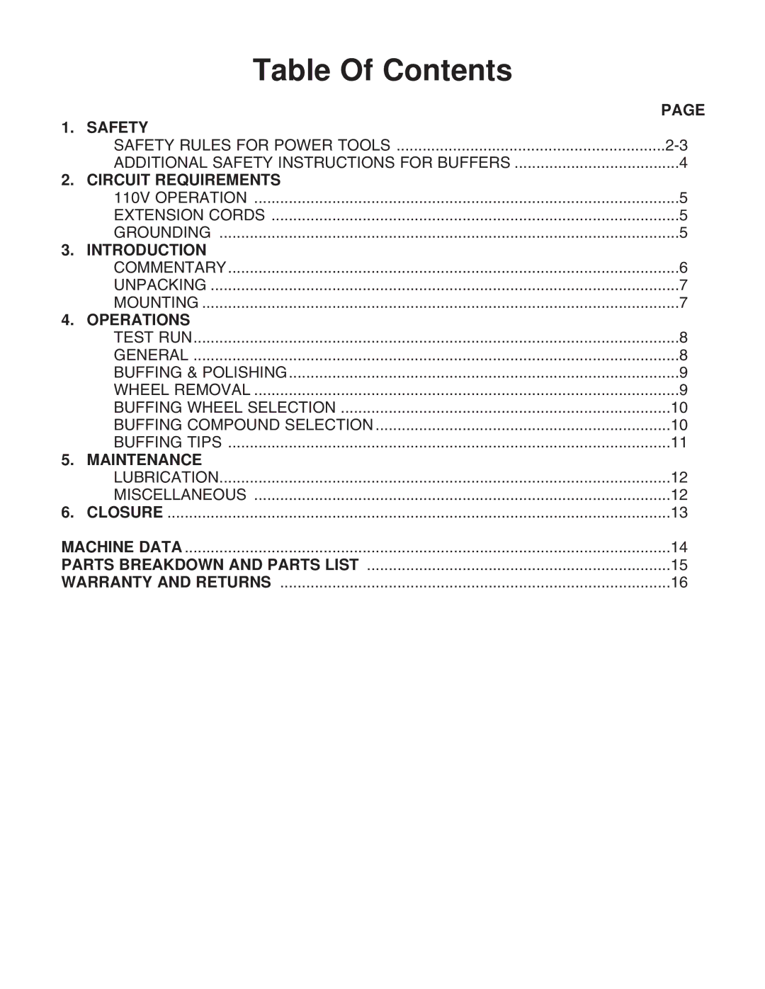 Grizzly H4380 instruction manual Table Of Contents 