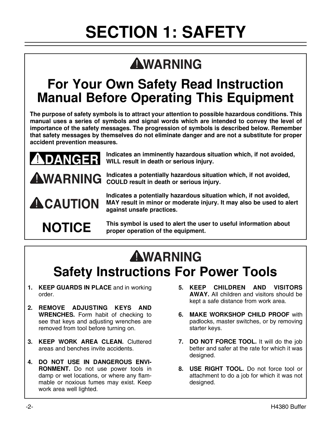 Grizzly H4380 instruction manual Safety Instructions For Power Tools 