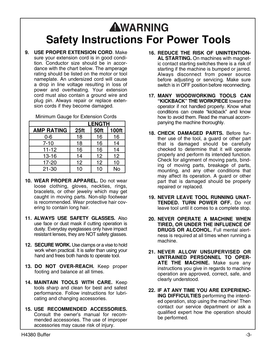 Grizzly H4380 instruction manual Length AMP Rating 