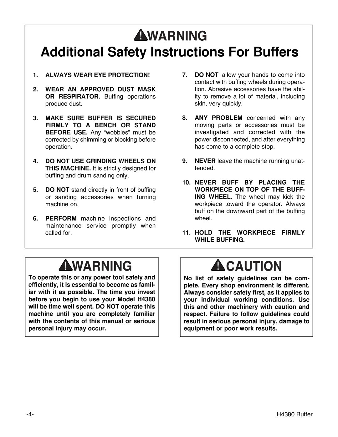 Grizzly H4380 instruction manual Additional Safety Instructions For Buffers, Always Wear EYE Protection 