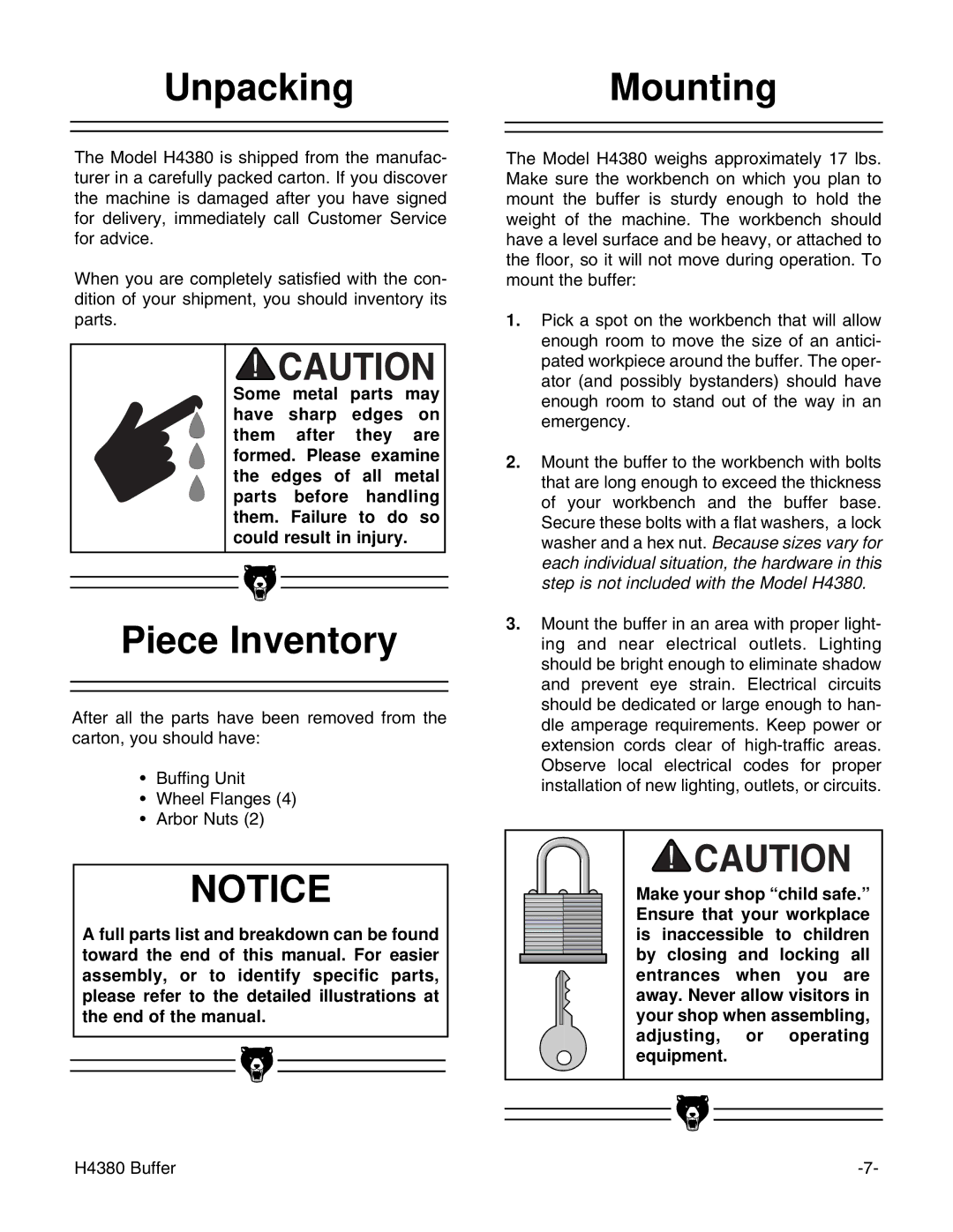 Grizzly H4380 instruction manual UnpackingMounting, Piece Inventory 