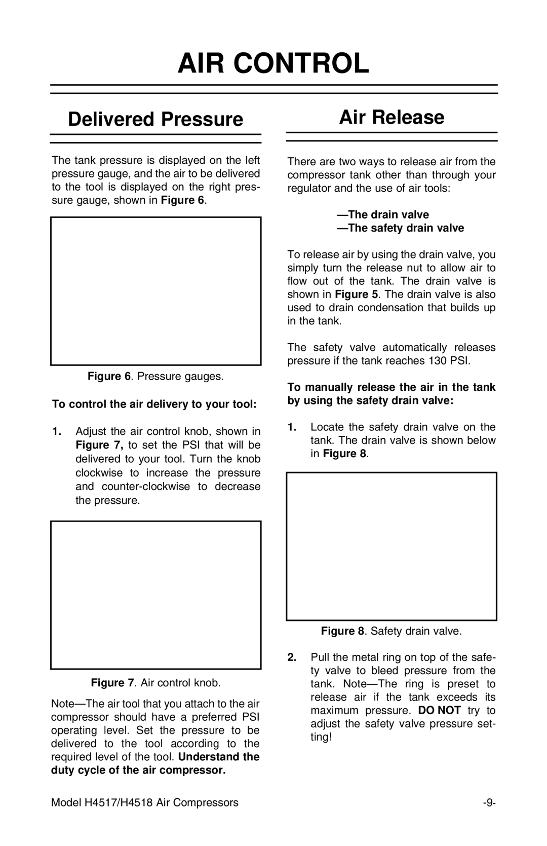 Grizzly H4518, H4517 instruction manual AIR Control, Delivered Pressure Air Release 