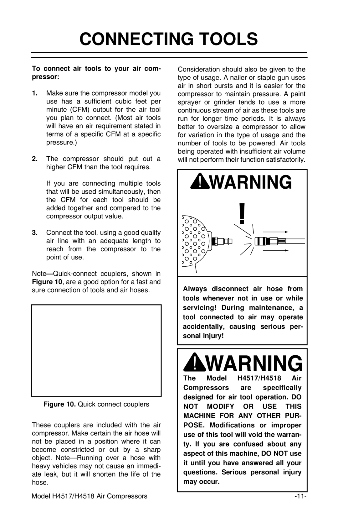 Grizzly H4518, H4517 instruction manual Connecting Tools, To connect air tools to your air com- pressor 