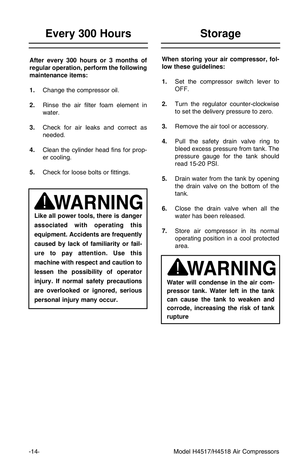 Grizzly H4517, H4518 instruction manual Every 300 Hours Storage, When storing your air compressor, fol- low these guidelines 