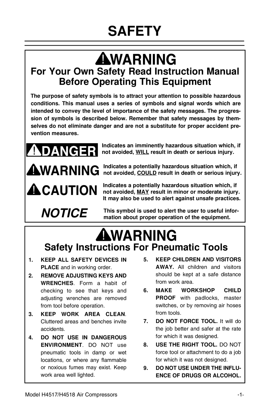 Grizzly H4518, H4517 instruction manual Before Operating This Equipment, Safety Instructions For Pneumatic Tools 