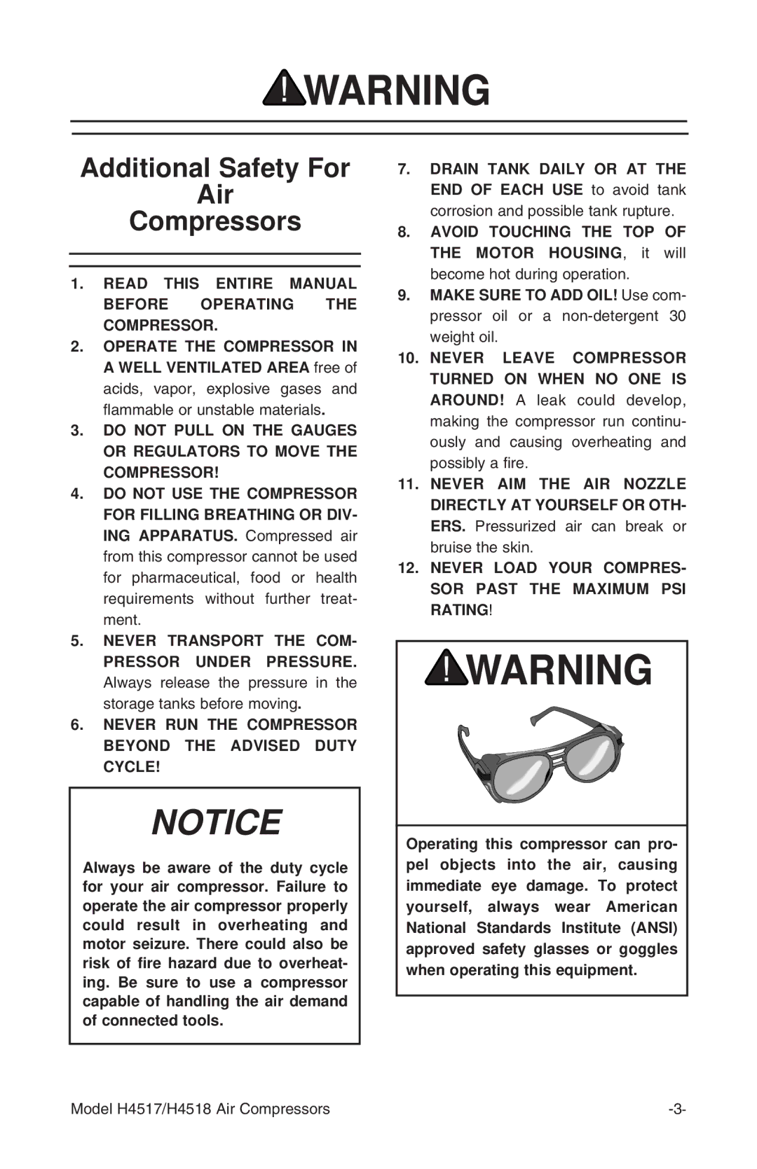 Grizzly H4518, H4517 Additional Safety For Air Compressors, Read this Entire Manual Before Operating the Compressor 