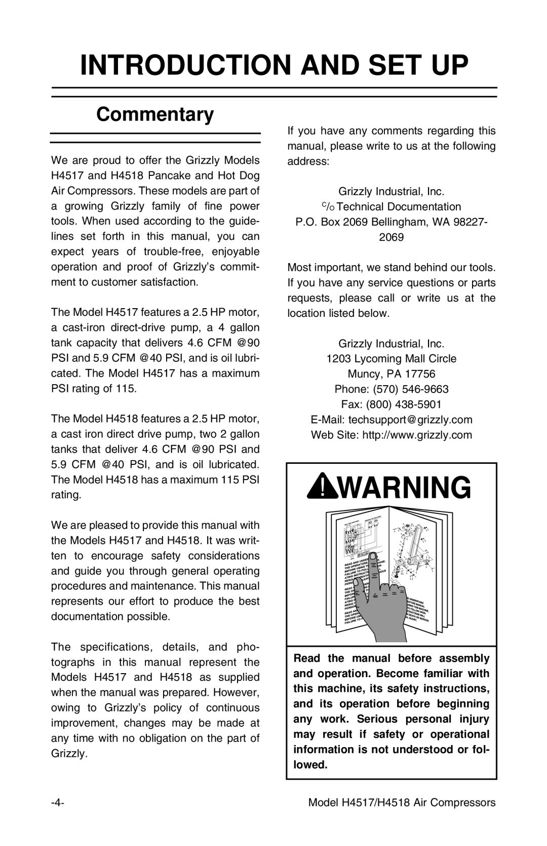 Grizzly H4517, H4518 instruction manual Introduction and SET UP, Commentary 