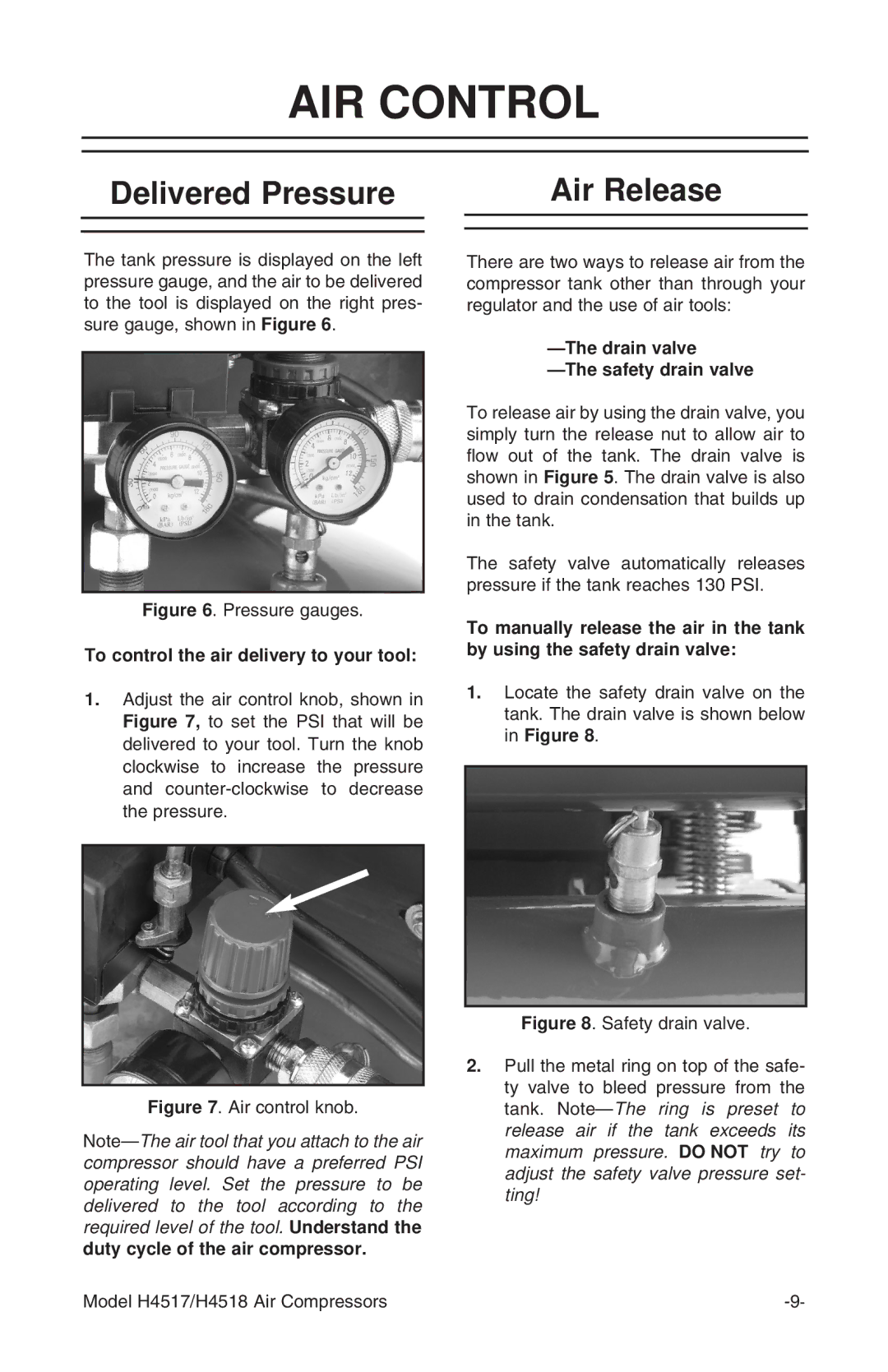 Grizzly H4517/H4518 instruction manual AIR Control, Delivered Pressure Air Release 