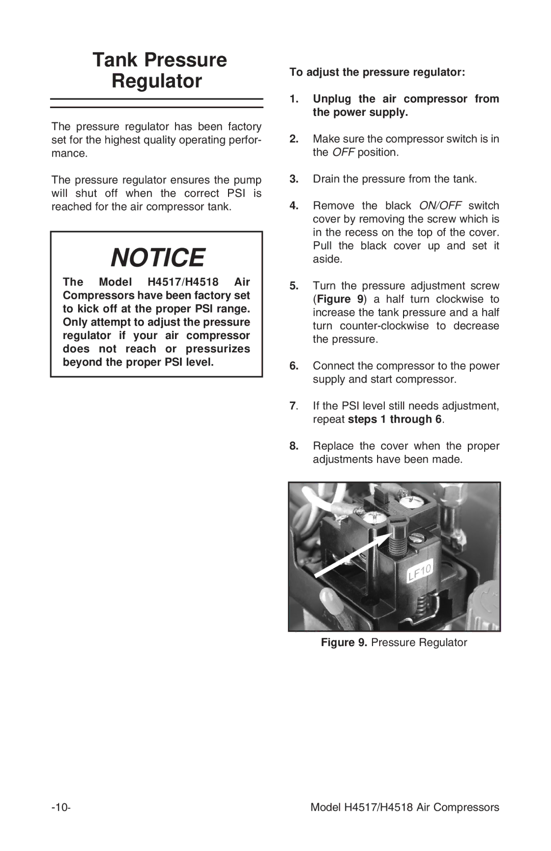 Grizzly instruction manual Tank Pressure Regulator, Pressure Regulator Model H4517/H4518 Air Compressors 