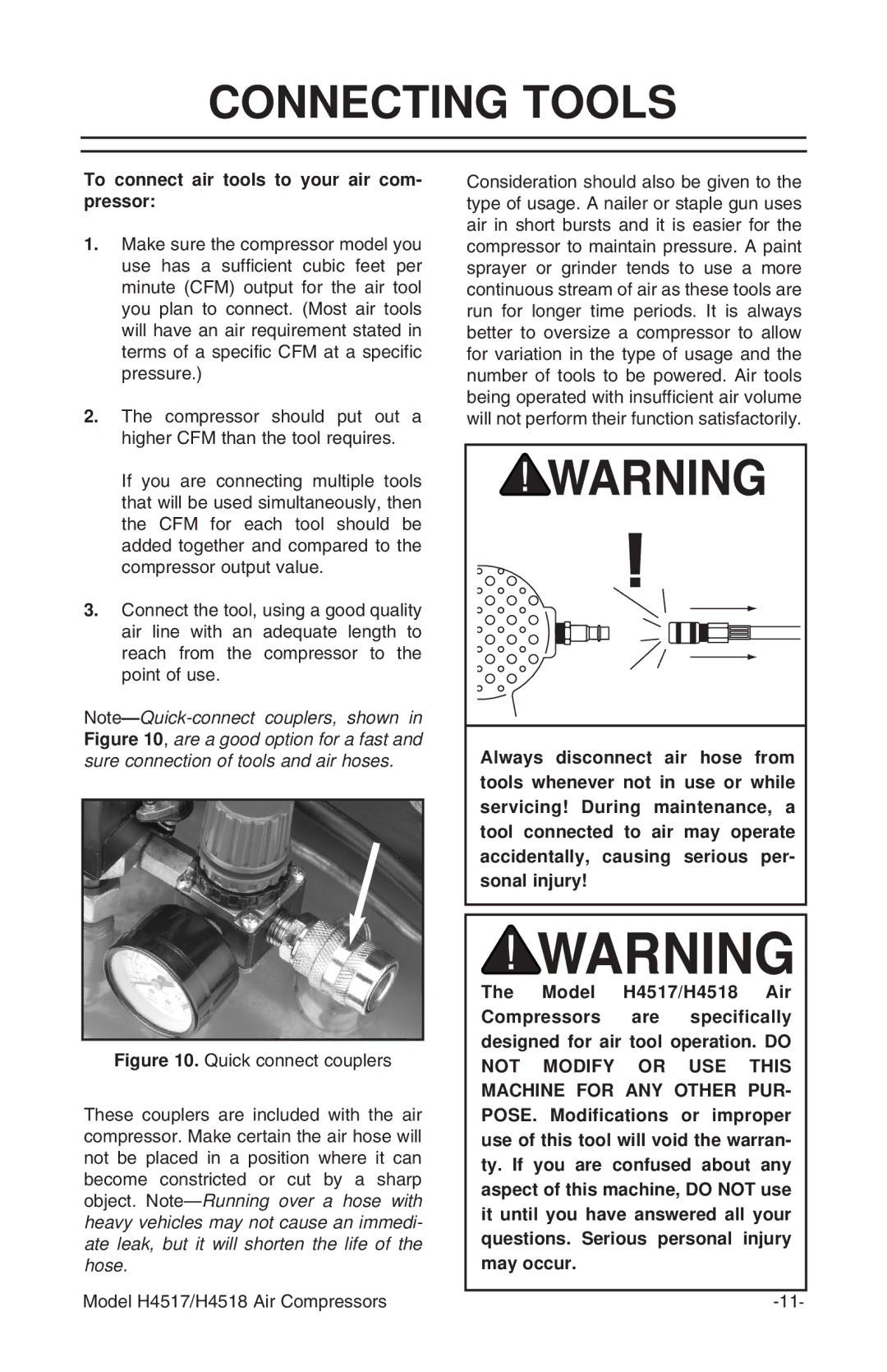 Grizzly H4517/H4518 instruction manual Connecting Tools, To connect air tools to your air com- pressor 