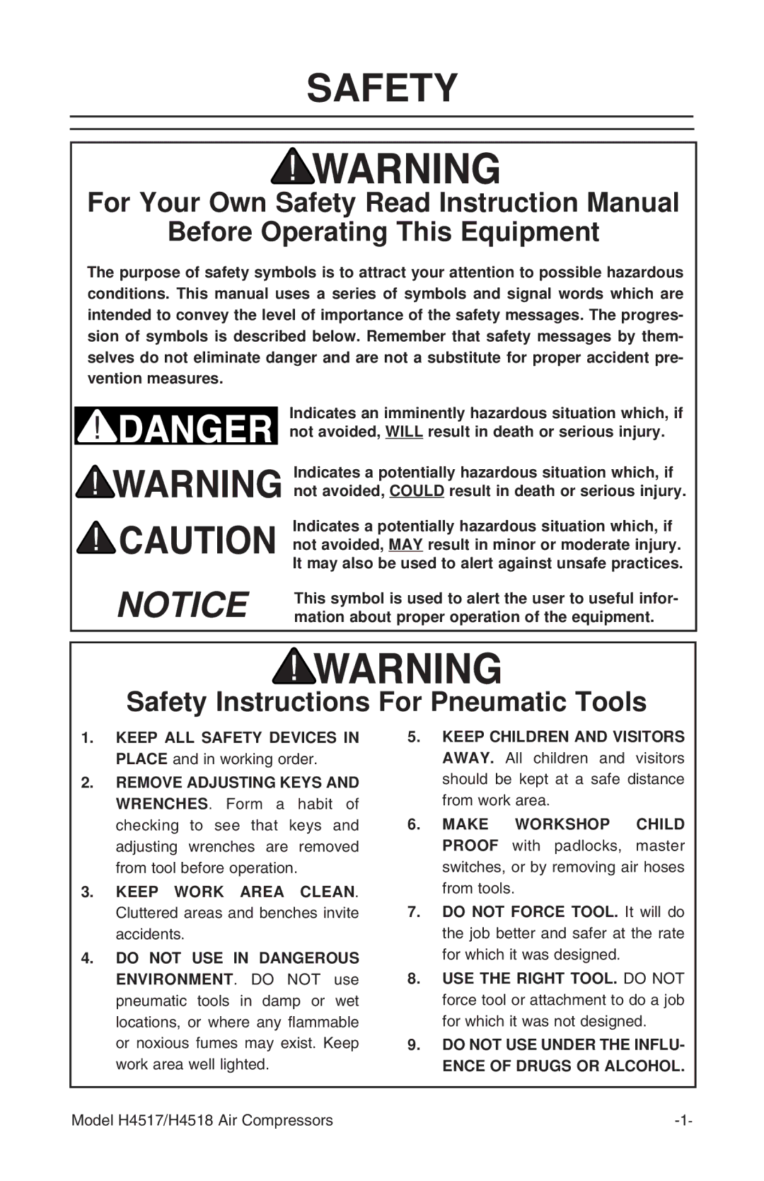 Grizzly H4517/H4518 instruction manual Before Operating This Equipment, Safety Instructions For Pneumatic Tools 