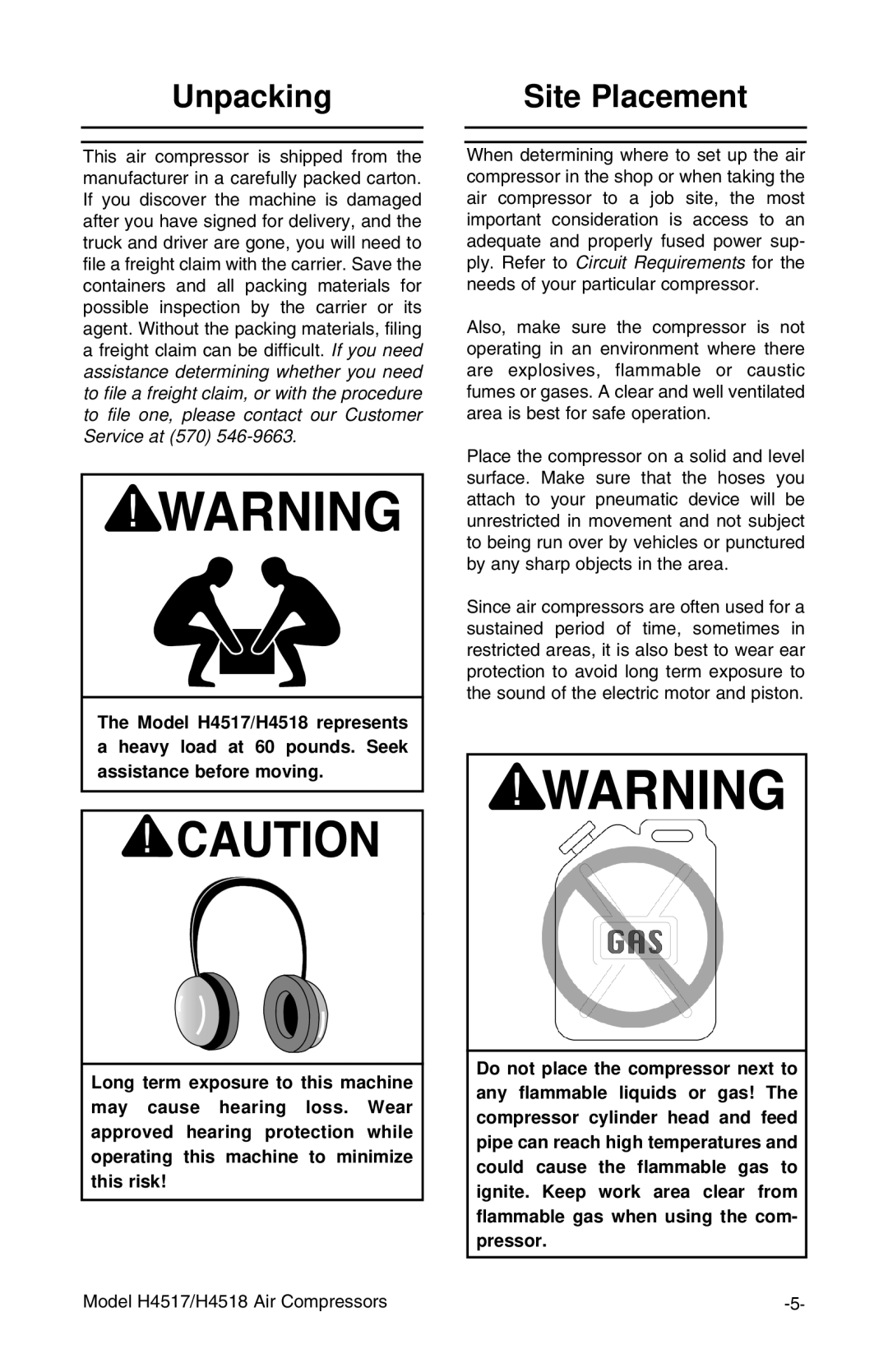 Grizzly H4517/H4518 instruction manual Unpacking Site Placement 