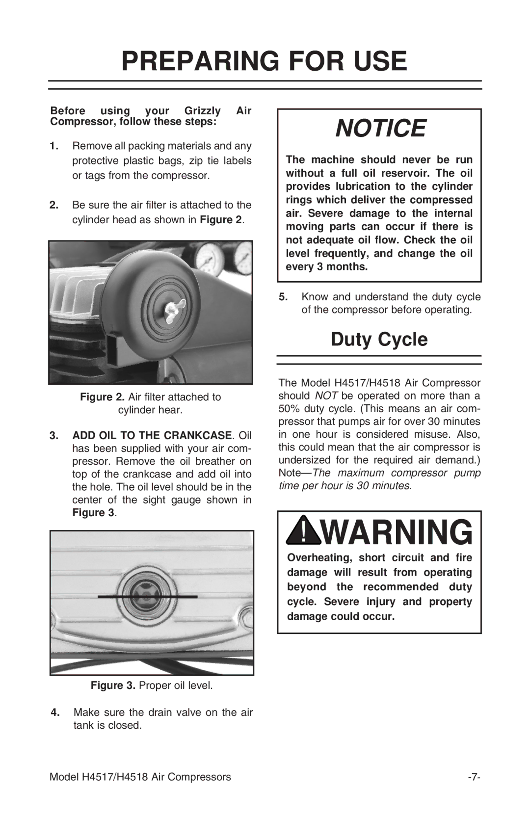 Grizzly H4517/H4518 instruction manual Preparing for USE, Duty Cycle 