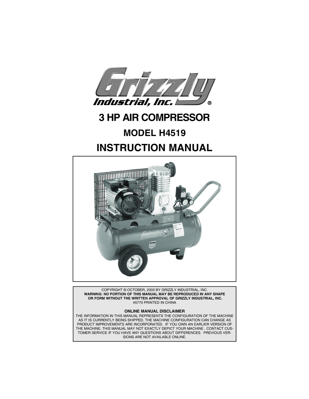 Grizzly instruction manual HP AIR Compressor, Model H4519 