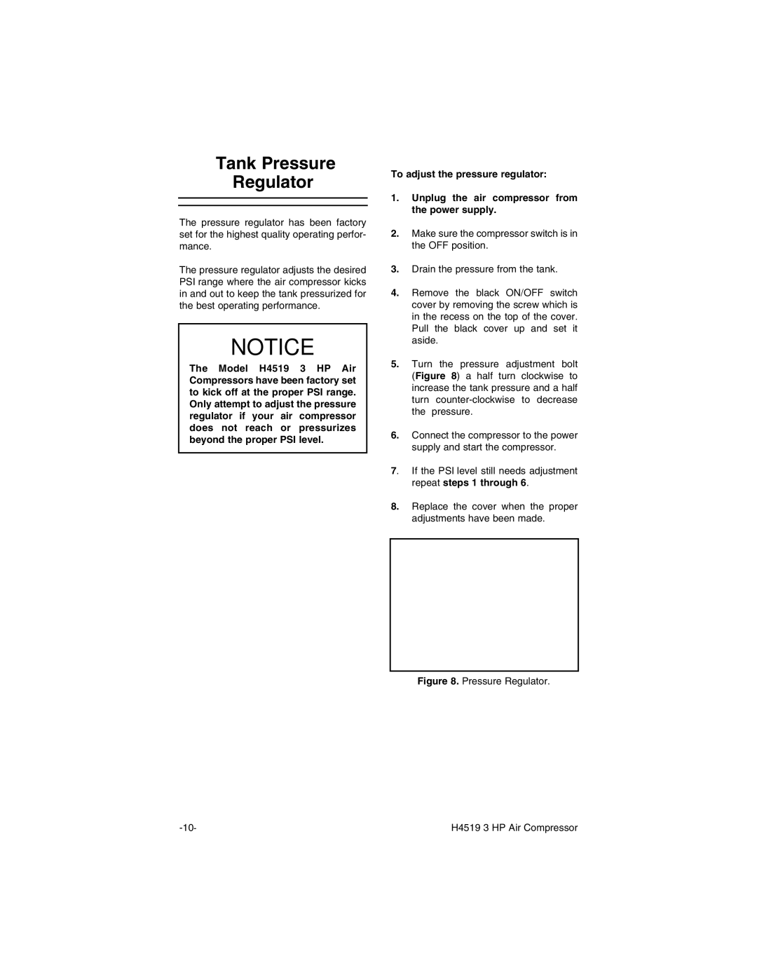 Grizzly instruction manual Tank Pressure Regulator, Pressure Regulator H4519 3 HP Air Compressor 