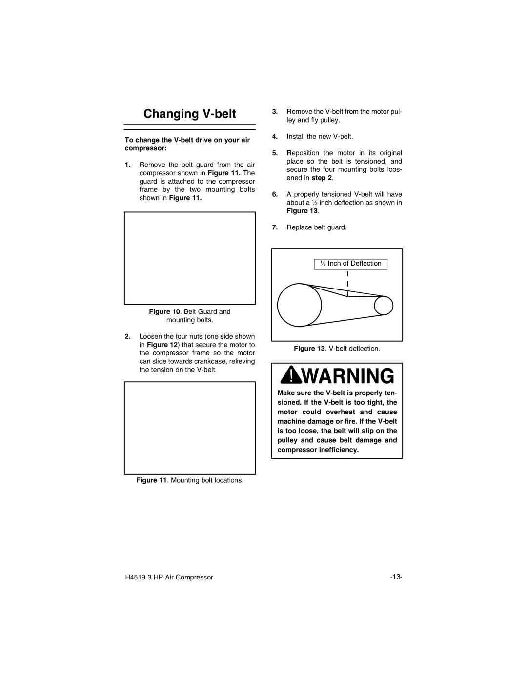 Grizzly H4519 instruction manual Changing V-belt, To change the V-belt drive on your air compressor 