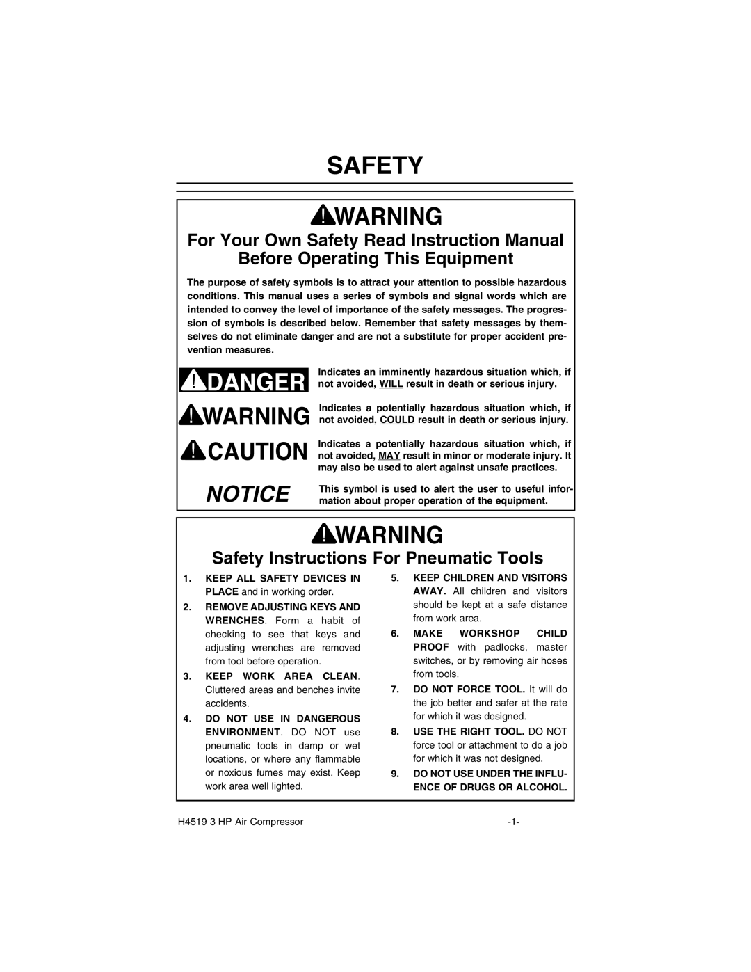 Grizzly H4519 instruction manual Before Operating This Equipment, Safety Instructions For Pneumatic Tools 