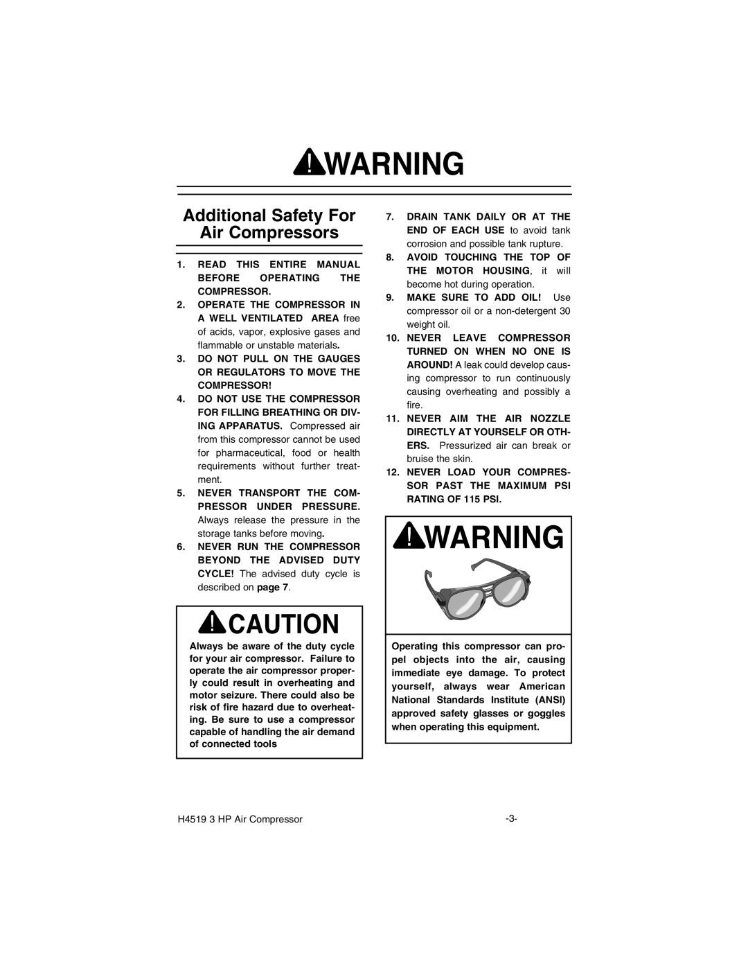 Grizzly H4519 Additional Safety For Air Compressors, Read this Entire Manual Before Operating the Compressor 