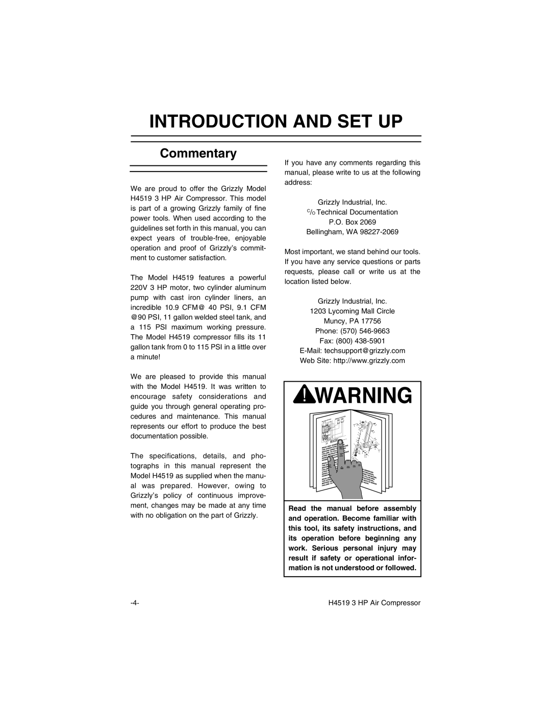 Grizzly H4519 instruction manual Introduction and SET UP, Commentary 