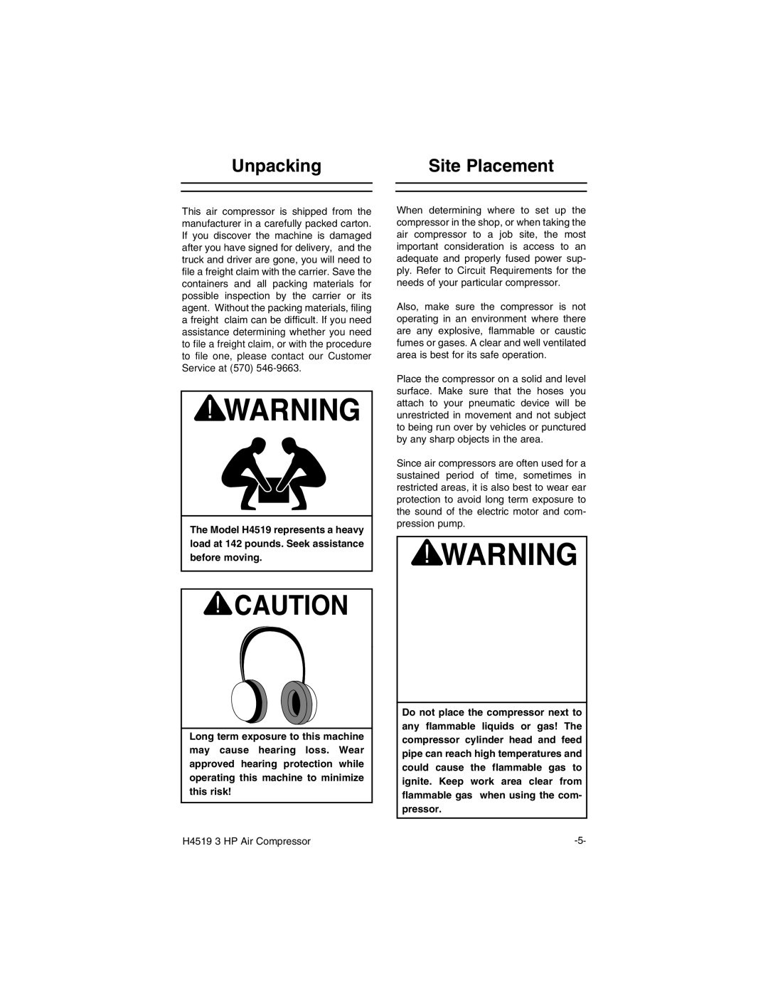 Grizzly H4519 instruction manual Unpacking Site Placement 