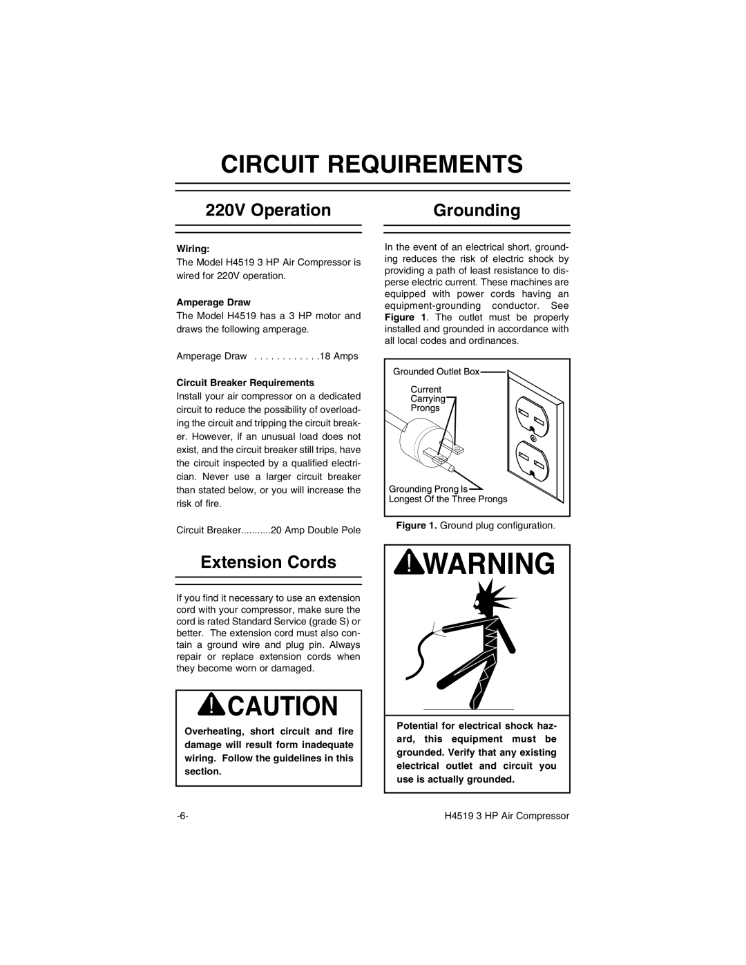 Grizzly H4519 instruction manual Circuit Requirements, 220V Operation Grounding, Extension Cords 