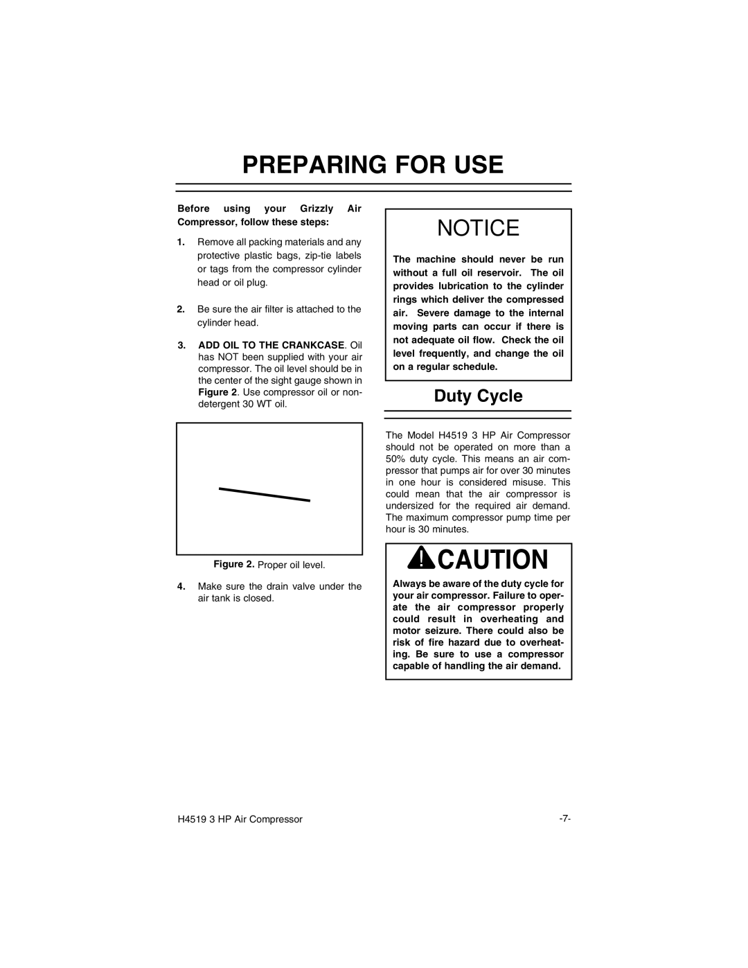 Grizzly H4519 instruction manual Preparing for USE, Duty Cycle 