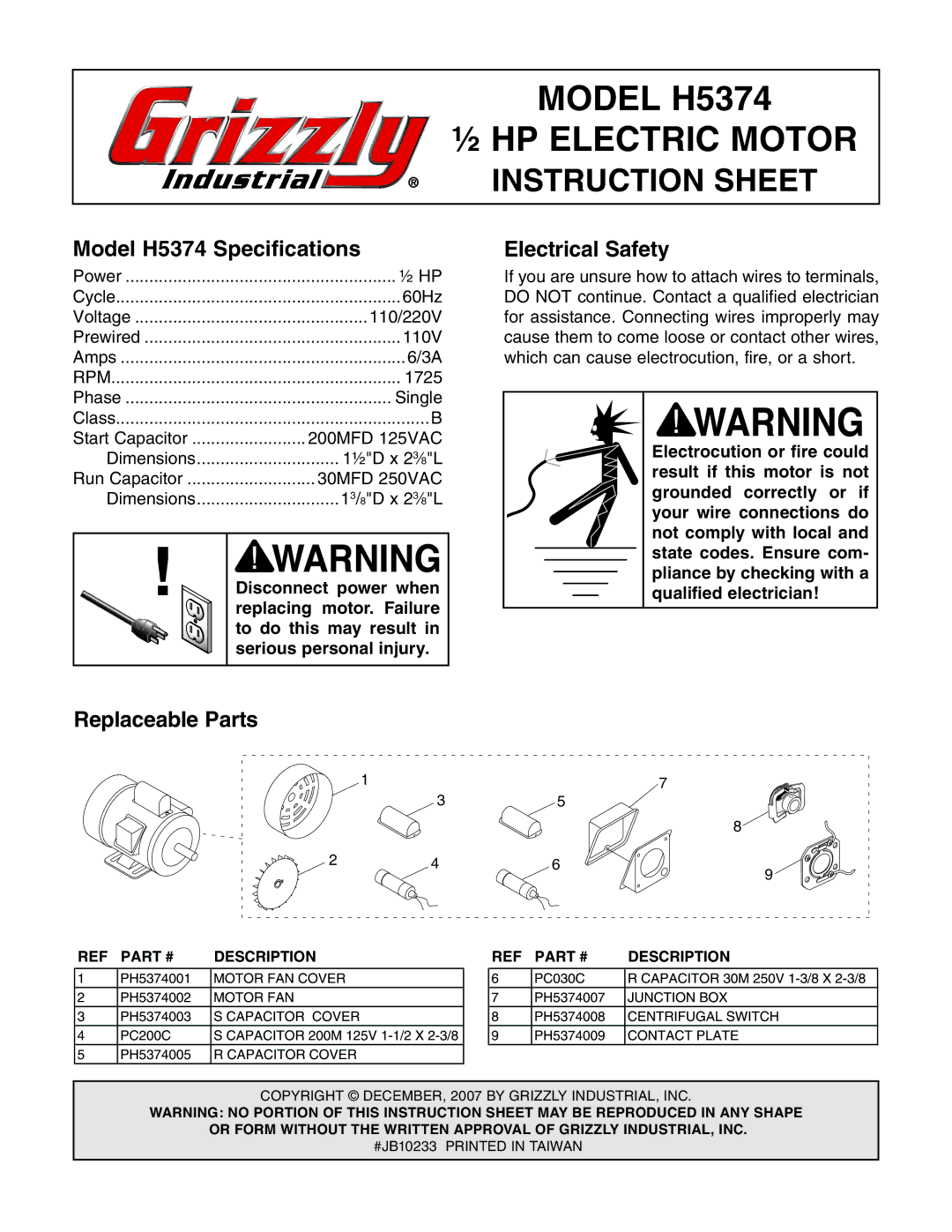 Grizzly instruction sheet Model H5374 ½ HP Electric Motor, Instruction Sheet, Model H5374 Specifications 