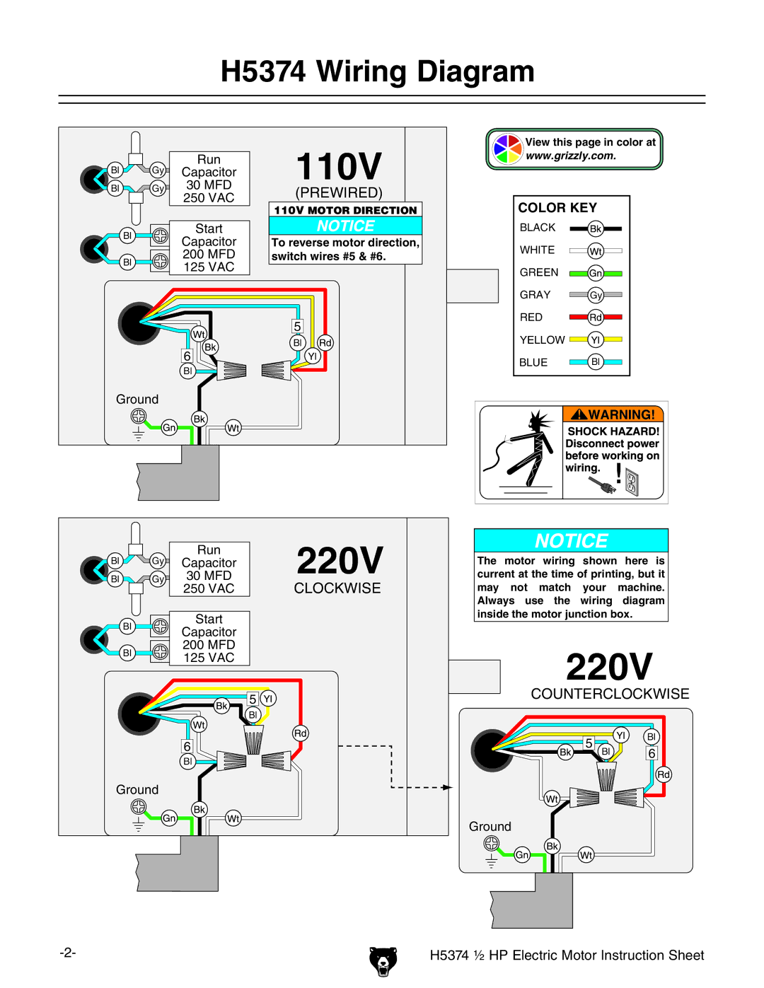 Grizzly instruction sheet H5374 Wiring Diagram 