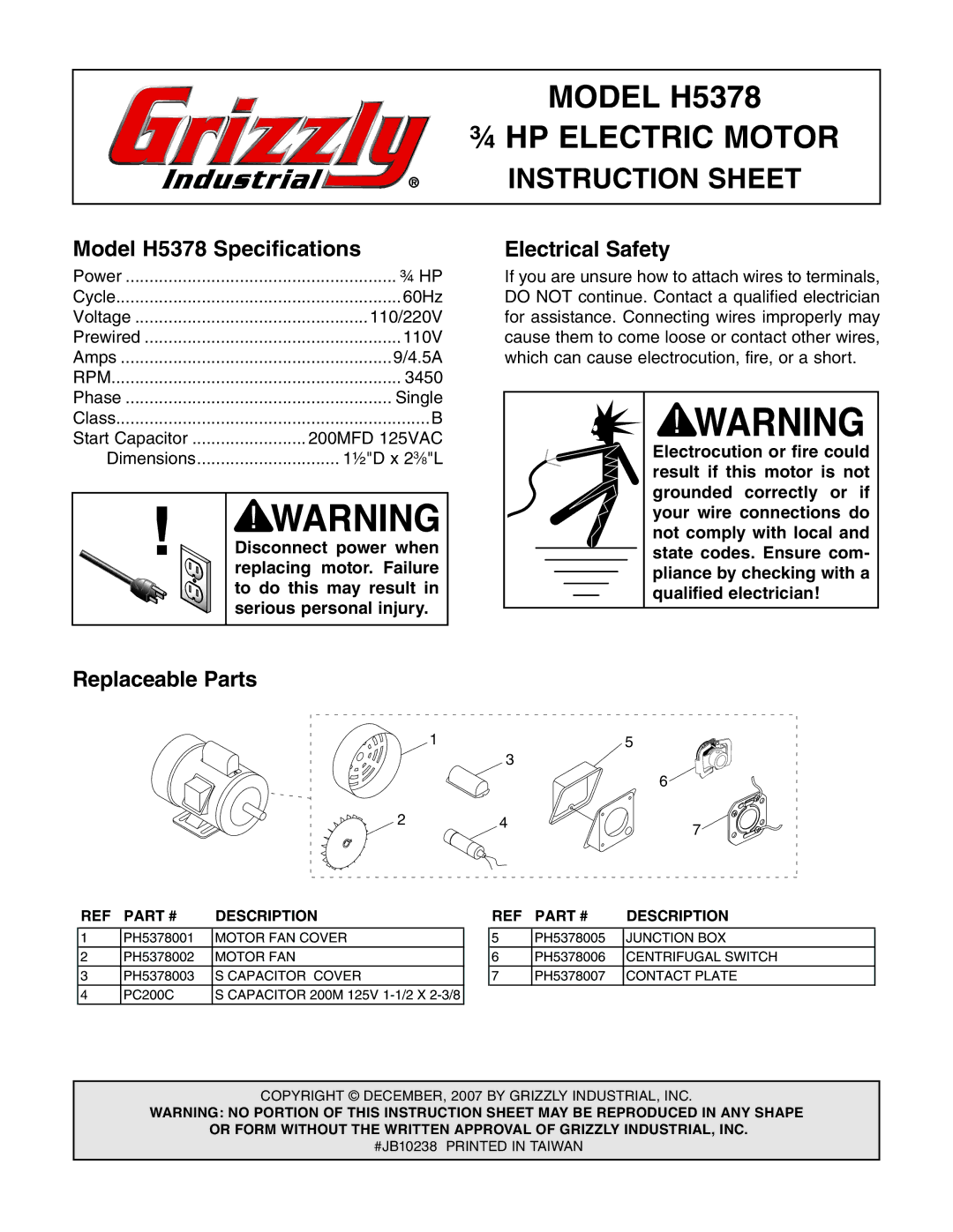 Grizzly instruction sheet Model H5378 ¾ HP Electric Motor, Instruction Sheet, Model H5378 Specifications 