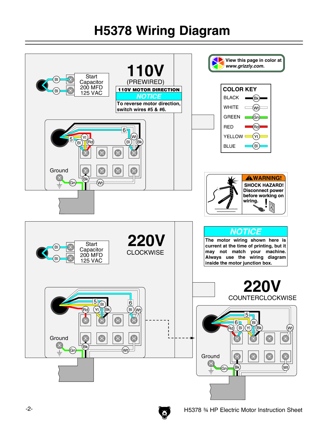 Grizzly instruction sheet H5378 Wiring Diagram 