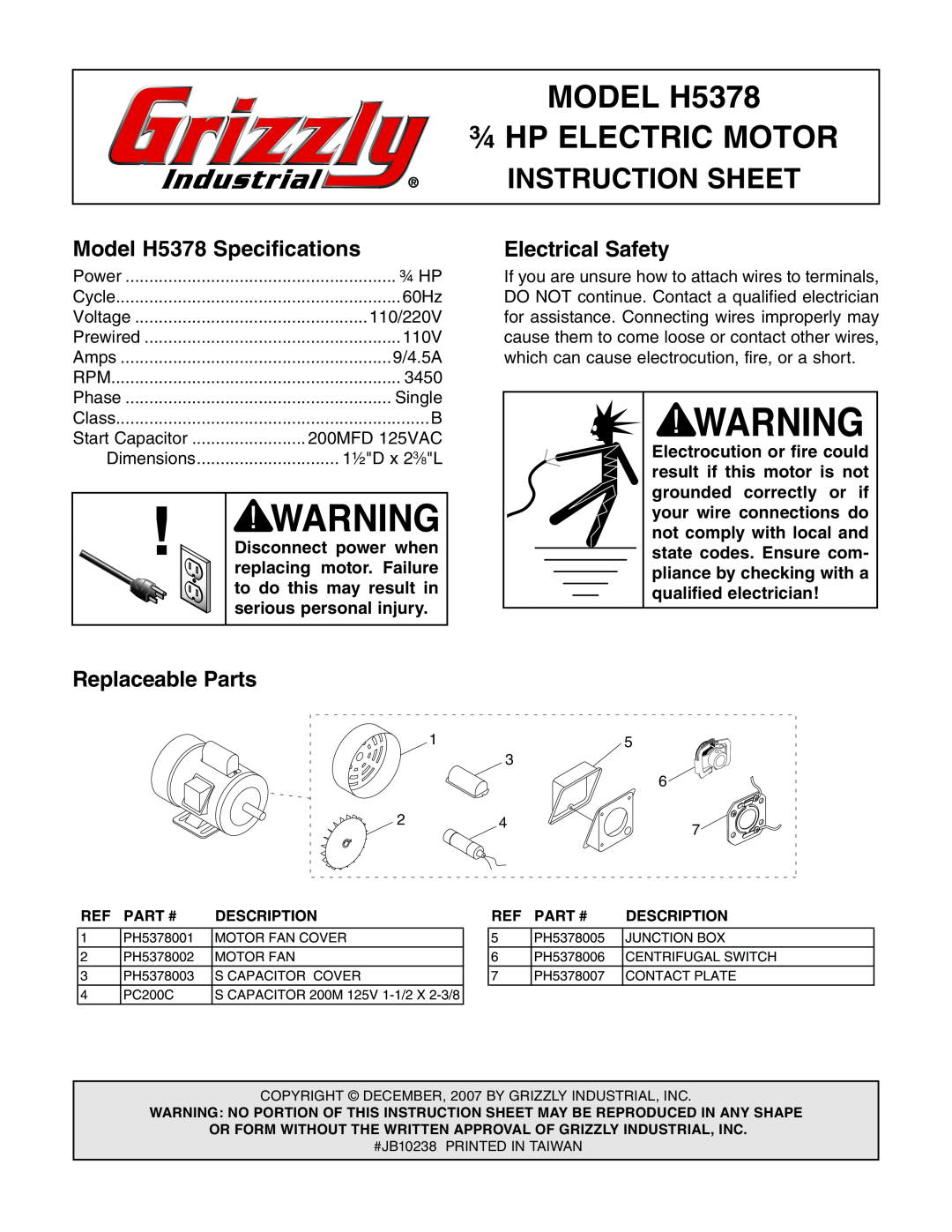 Grizzly instruction sheet MODEL H5378 ¾ HP ELECTRIC MOTOR, Instruction Sheet, Model H5378 Specifications 
