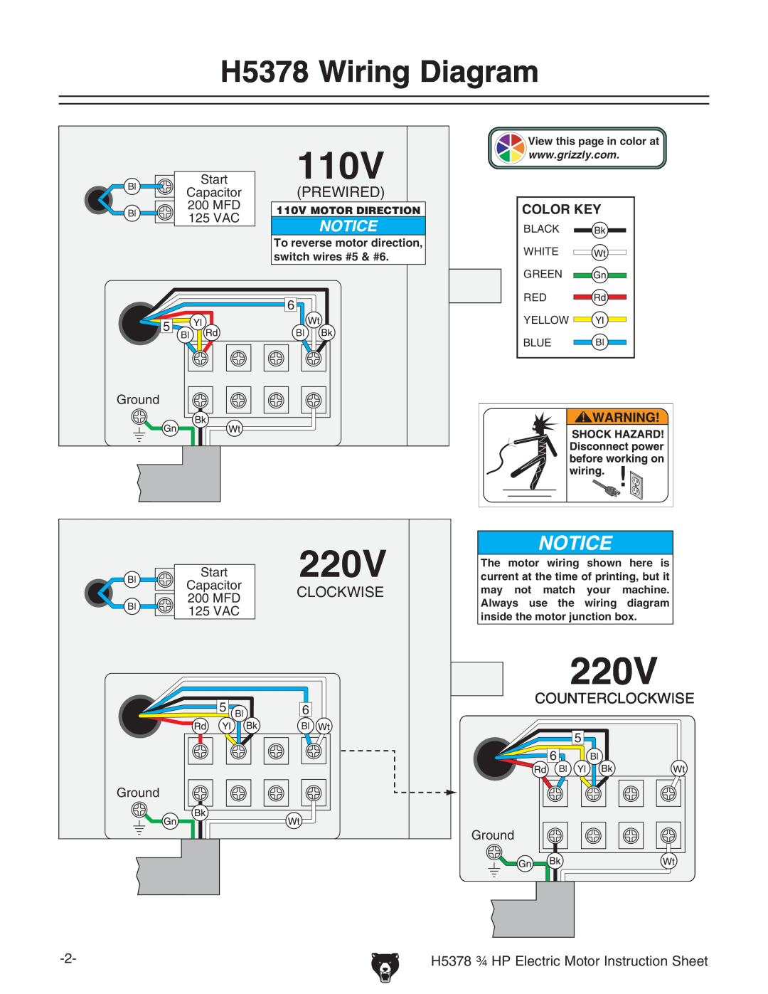 Grizzly instruction sheet H5378 Wiring Diagram, H5378 ¾ HP Electric Motor Instruction Sheet 