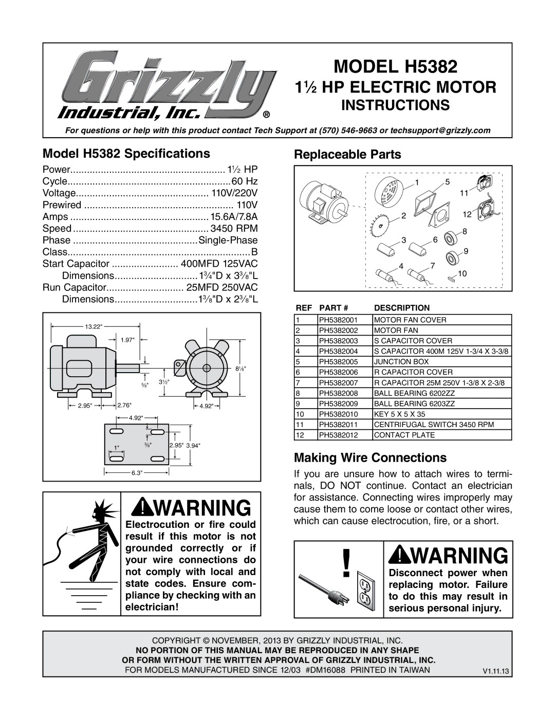 Grizzly specifications Model H5382 Specifications, Replaceable Parts, Making Wire Connections 