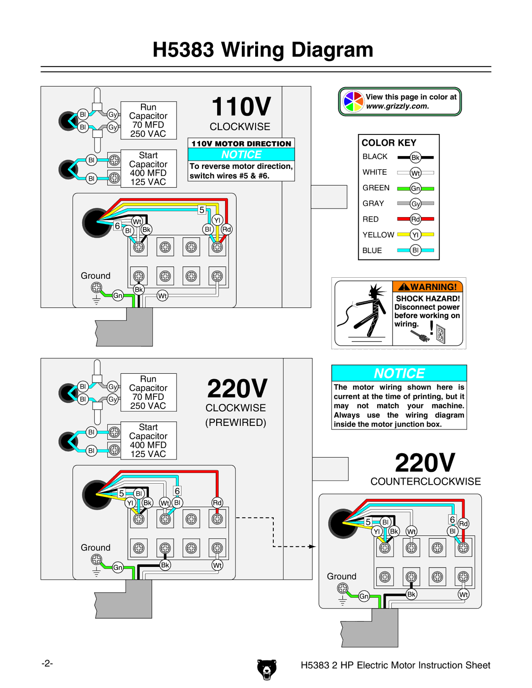 Grizzly instruction sheet H5383 Wiring Diagram 