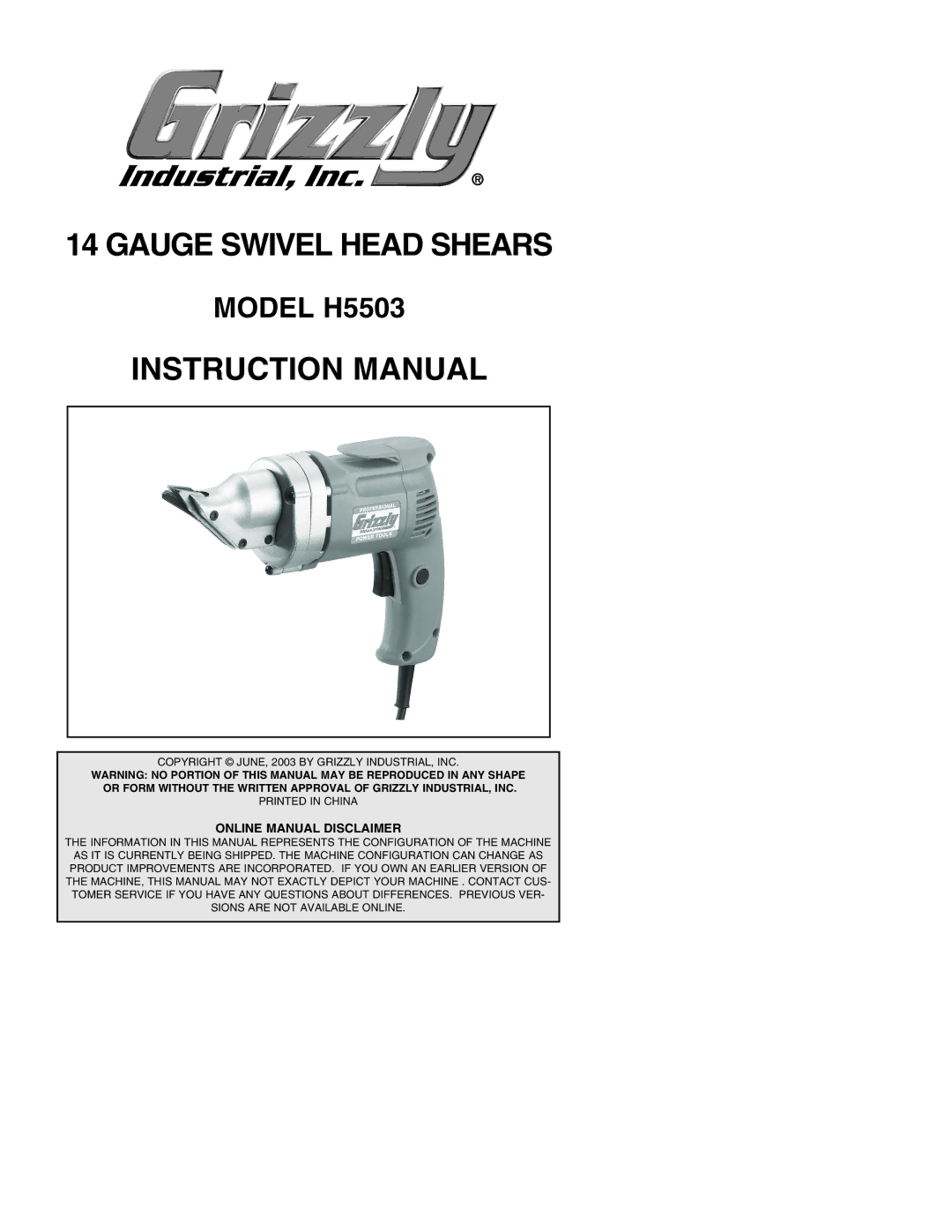 Grizzly instruction manual Gauge Swivel Head Shears, Model H5503 