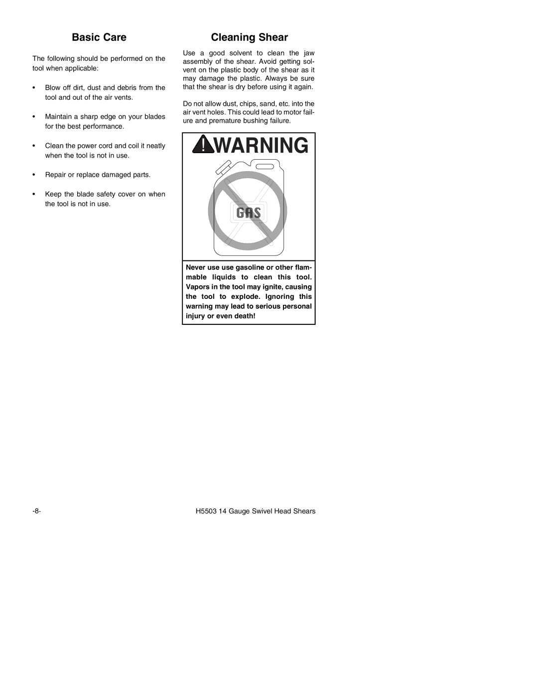 Grizzly H5503 instruction manual Basic Care, Cleaning Shear 