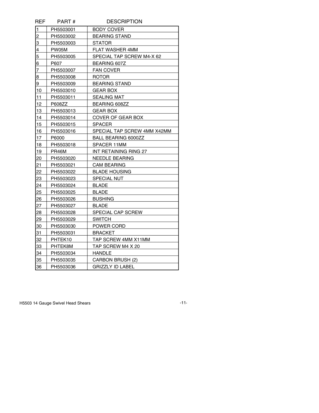 Grizzly H5503 instruction manual Description 