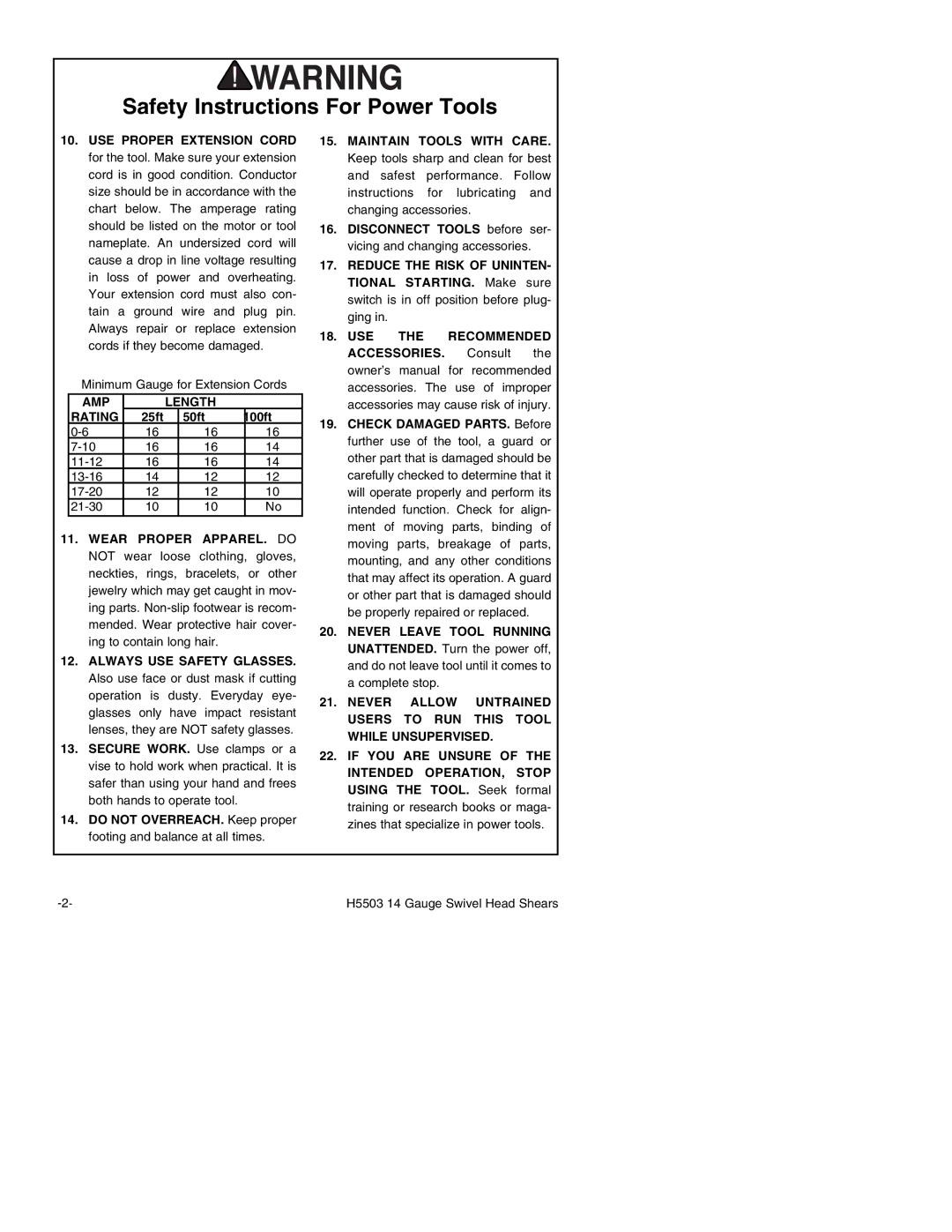 Grizzly H5503 instruction manual AMP Length Rating 